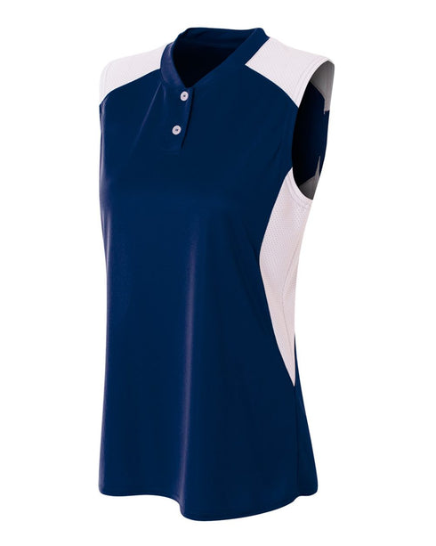 A4 Womens Sleeveless Henley w/ Stretch Mesh Contrast (NW3318), Color 'Navy/White'